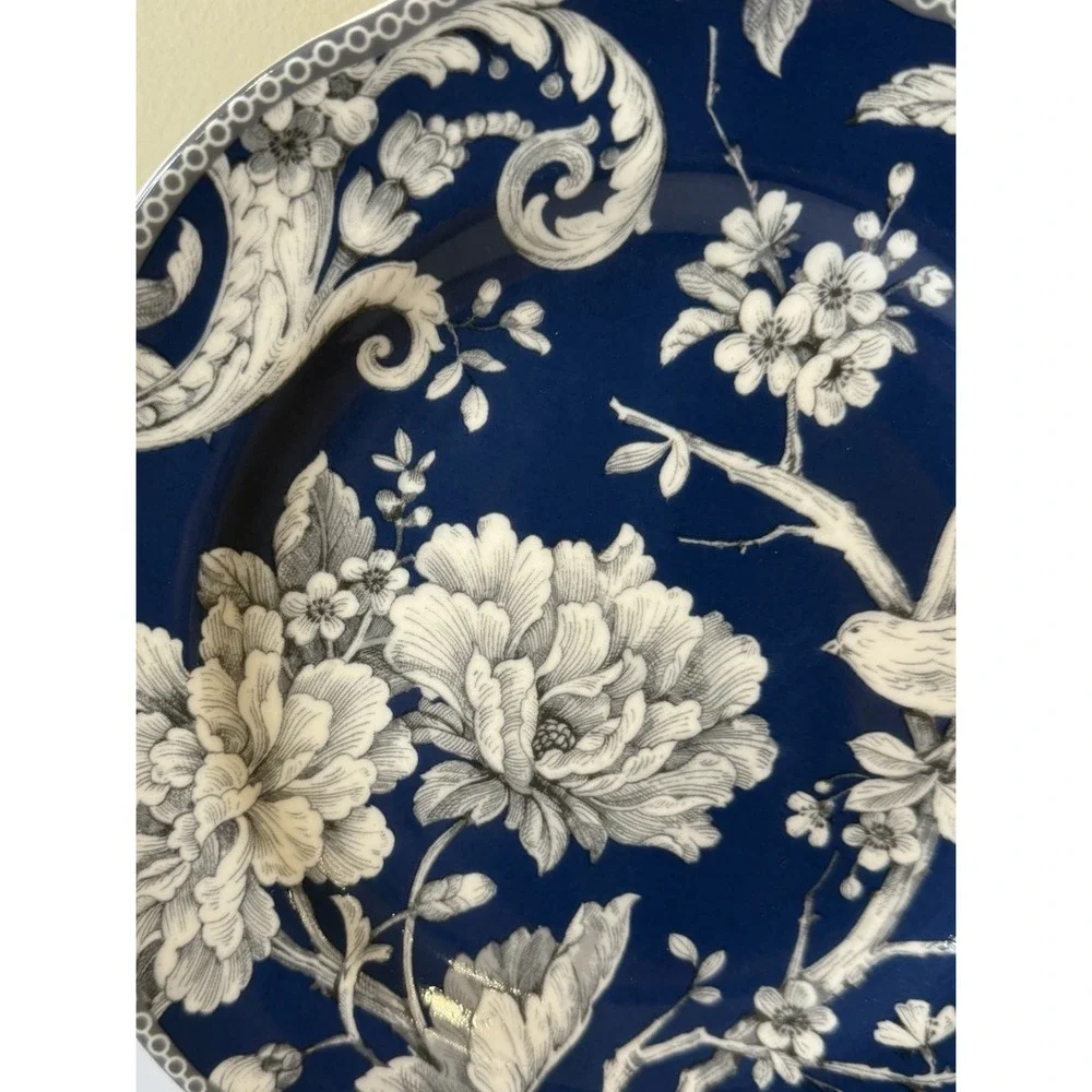 Adelaide Dark Blue‎ Salad Plates 222 Fifth Set Of 4. Bird And Flowers. New.